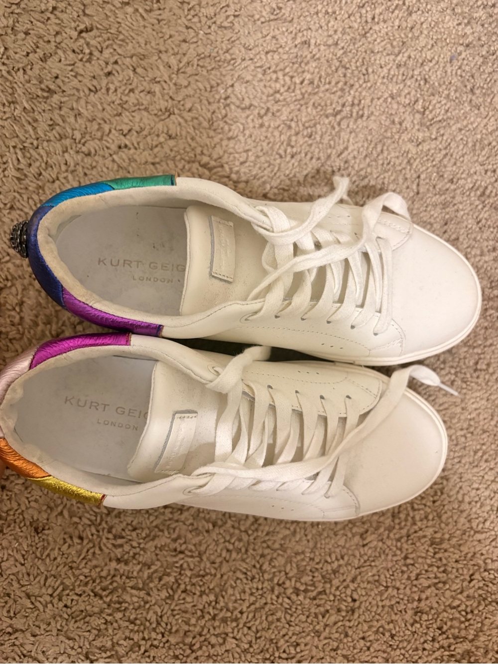 Kurt Geiger White Leather Sneakers with Rainbow Metallic Heel Accents - Picture 2 of 5